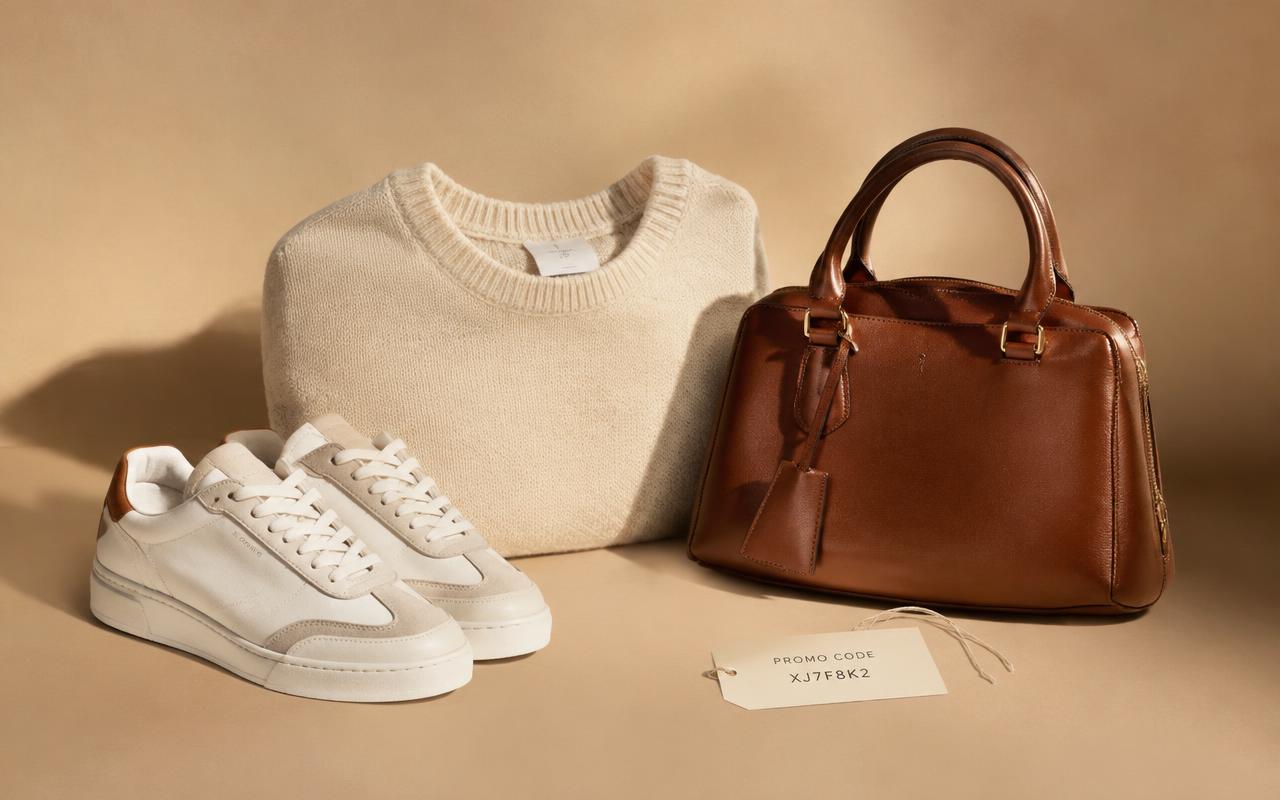 Pull, sac et baskets présentés avec une étiquette de code promo
