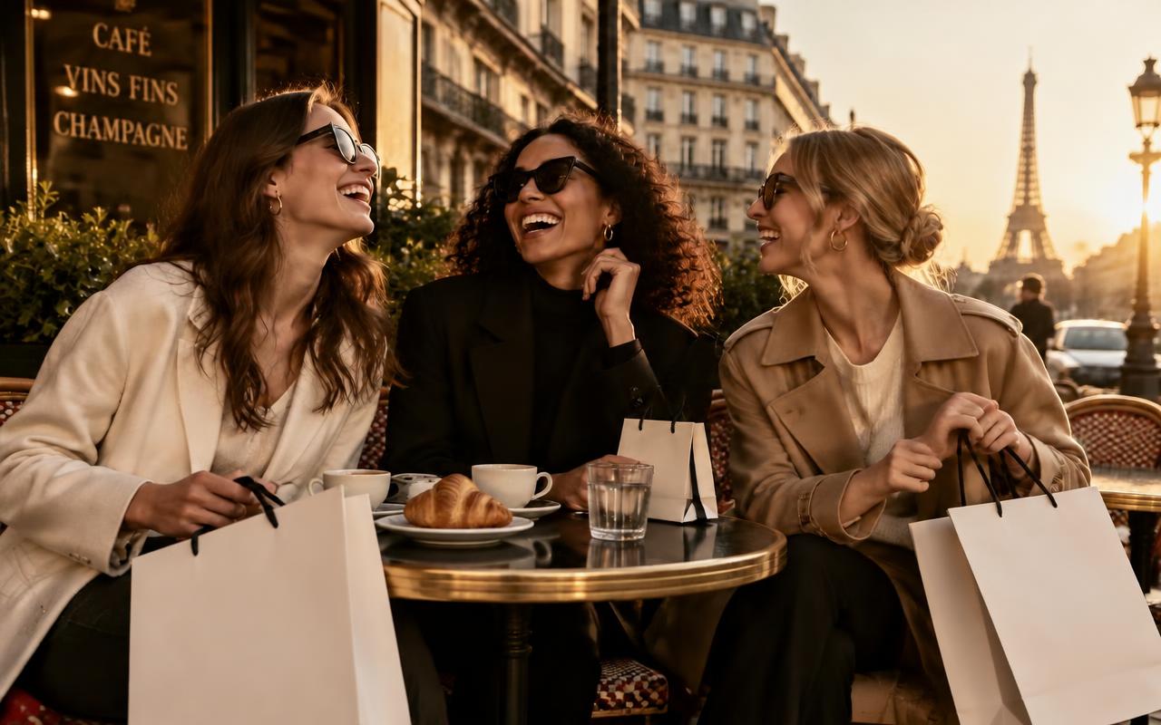 Trois amies rient en terrasse avec leurs sacs de shopping